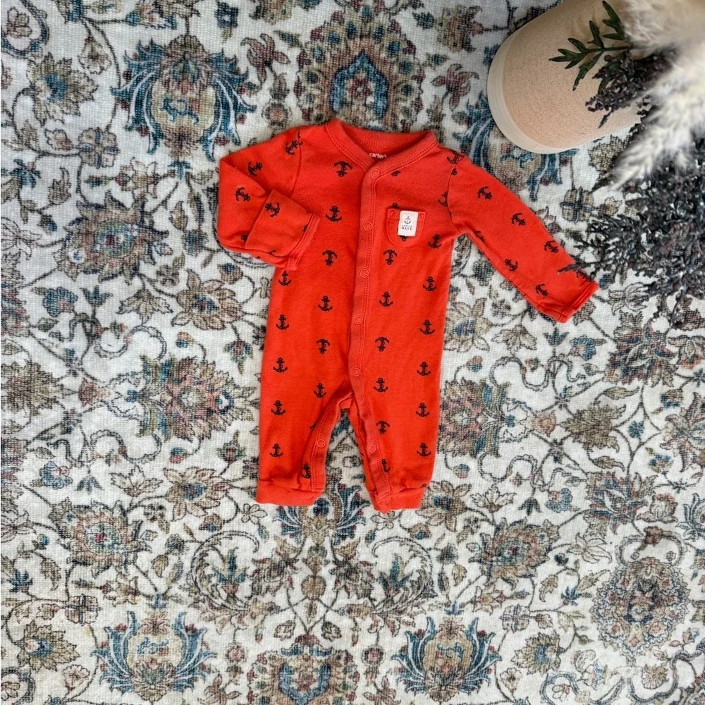 Y2K Carter’s Newborn Nautical Anchor Print Button Snap Romper One Piece Footless